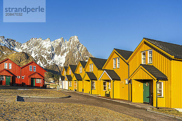 Traditional wooden and colorful buildings surrounded by snowy mountains in Arctic scenery  spring time  Ballstad  Vestvagoy  Lofoten Islands  Norway  Scandinavia  Europe