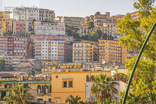 View of pastel coloured villas near Sant'Elmo Castle from Rotonda Diaz  Naples  Campania  Italy  Europe