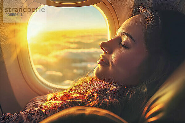 Woman at an aeroplane window during sunset  radiating calm  AI generated  AI generated