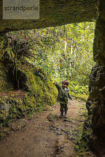 A boy in a cave in the Laurisilva forest of Los tilos de Moya  Gran Canaria