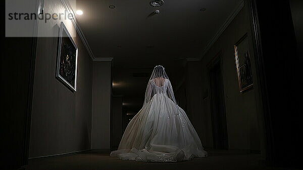 Beautiful bride wearing a wedding dress with veil in the room