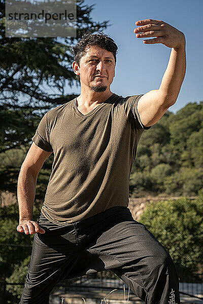 Vertical portrait from a low angle of a middle-aged Caucasian man training alone in martial arts. Tai Chi Chuan outdoors