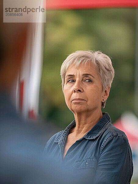 Pensive elderly woman speaking at an outdoor event with blurred audience  AI generated