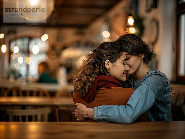 A tender hug between two people in a warmly lit café evokes a sense of coziness  Lgtbiq  homosexual  AI generated