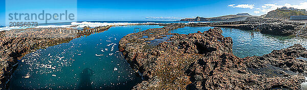 Panoramic view of the Las Salinas de Agaete natural pools in Puerto de Las Nieves in Gran Canaria  Spain  Europe