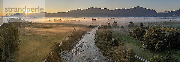 Aerial view  river with fog in front of mountains  panorama  sunrise  backlight  summer  Loisach  Alpine foothills  Bavaria  Germany  Europe