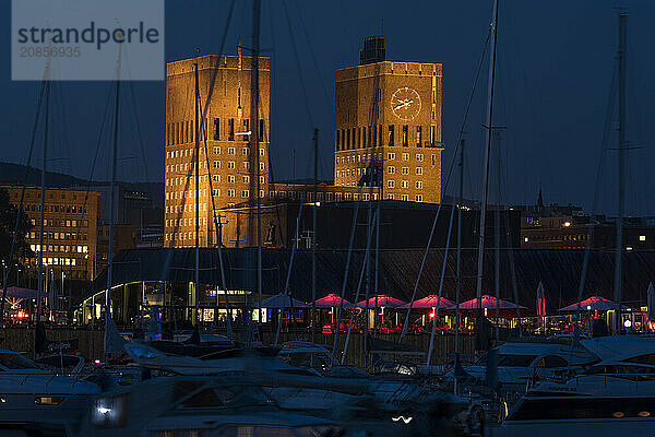 Illuminated Oslo City Hall  Aker Brygge  Oslo  Norway  Europe