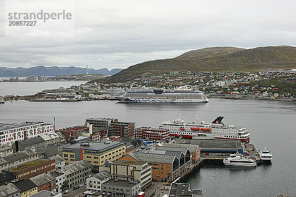 Hammerfest  with cruise ship Aida in the harbour  Northern Norway  Scandinavia