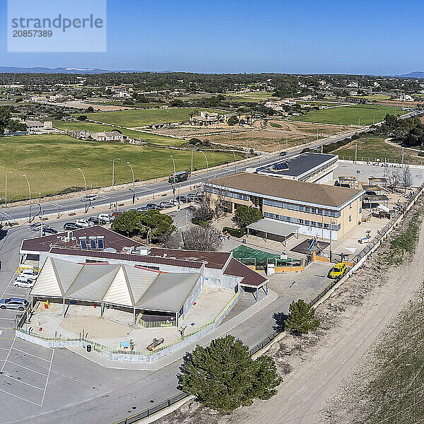 CEIP Colònia de Sant Jordi  Aerial view of the Childhood and Primary Education College  Ses Salines  Mallorca  Balearic Islands  Spain  Europe