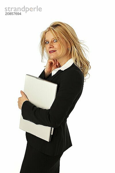 Businesswoman with a notebook in front of a white background