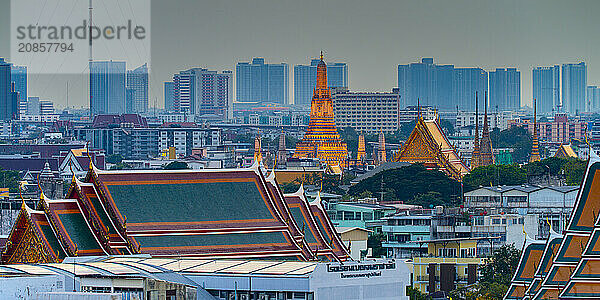 Panorama from Golden Mount to the illuminated Wat Ratchabophit  Wat Rachapradit  Wat Pho and Wat Arun  Bangkok  Thailand  Asia