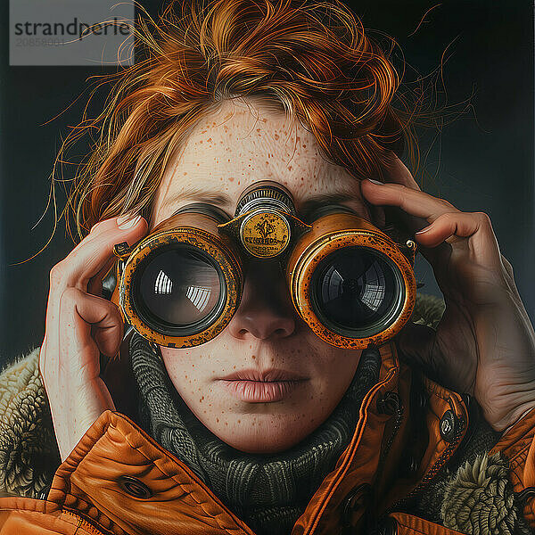 Woman with orange hair and retro binoculars in an autumnal colour scheme  AI generated