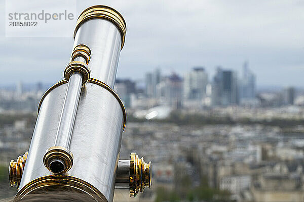 Telescope  view from the Eiffel Tower to the skyscrapers of La Defence  Paris  France  Europe