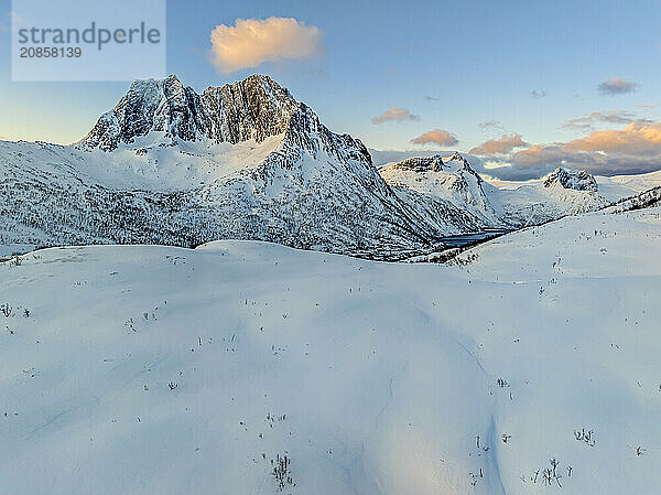 Aerial view of Bergen by the sea  coast  fjord  morning light  winter  snow  Senja  Troms  Norway  Europe