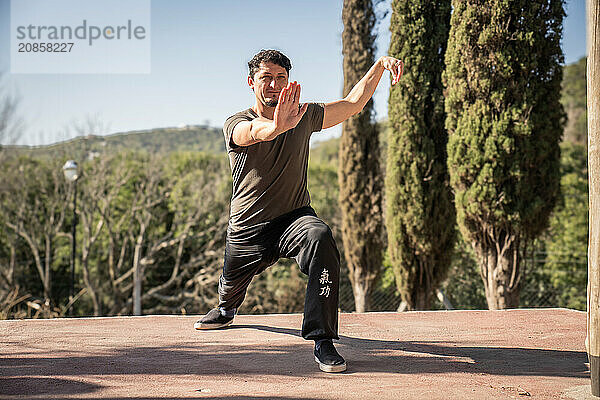 A man immerses himself in the practice of Kung Fu  a Chinese martial art  in the stance within the form of Xiao Ba Ji Quan in a natural setting. Connection between mind  body  and environment