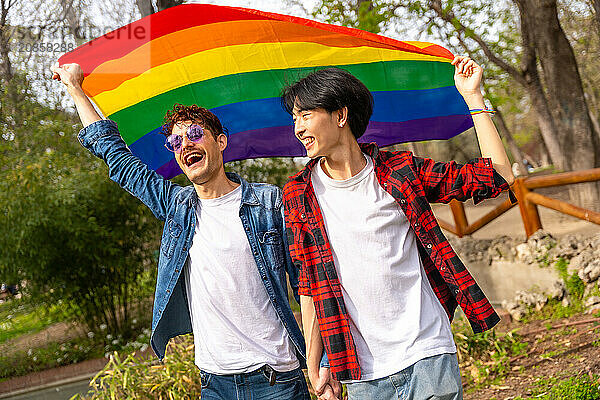 Happy gay multi-ethnic friends waving a lgbt rainbow flag in a park