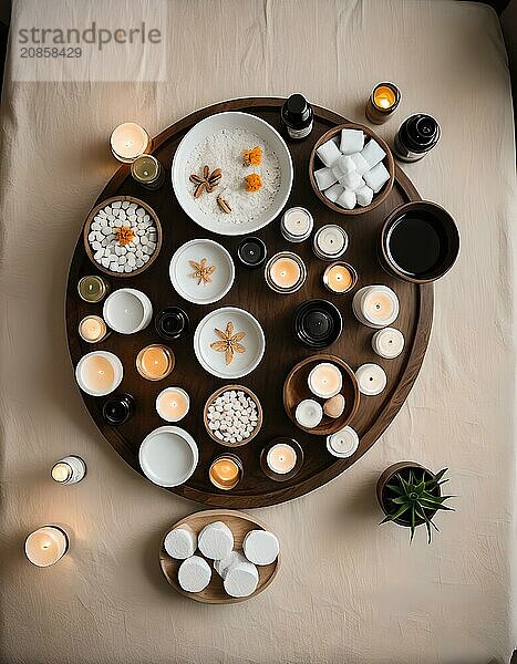 Tranquil wellness concept with candles  oils  and massage stones arranged on a wooden tray in a spa setting viewed from above  AI generated