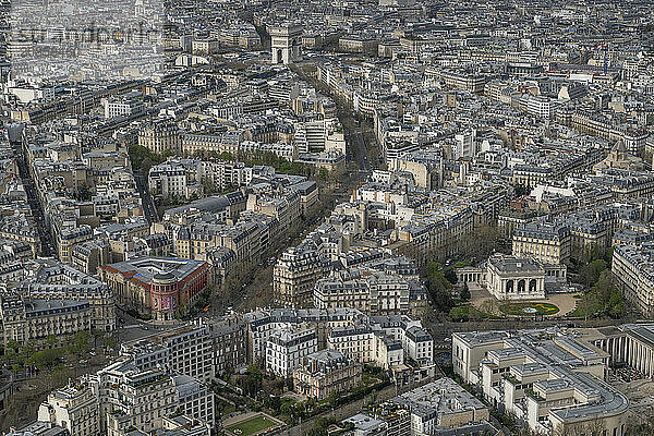 City view from the top of the Eiffel Tower towards the Arc de Triomphe  Paris  France  Europe