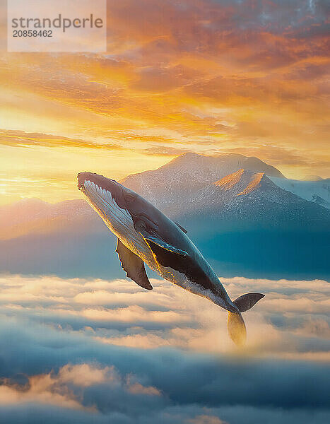 Whale flying above the clouds with a view to the sunset behind the mountain peaks. Surreal diving over the sky  dreamlike scene. Generative Ai  AI generated