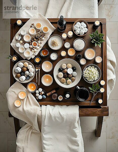 Peaceful aerial view of a spa environment showcasing a selection of wellness products arranged on a wooden platter  AI generated