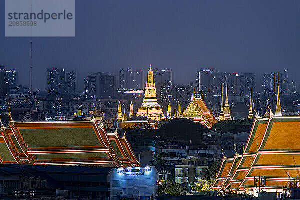 Panorama from Golden Mount to the illuminated Wat Ratchabophit  Wat Rachapradit  Wat Pho and Wat Arun  Bangkok  Thailand  Asia