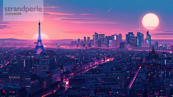 Vibrant sunset over the Paris skyline featuring the Eiffel Tower and a full moon  illustration  AI generated