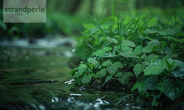 Closeup view of green grass and lives near the stream in spring forest AI generated