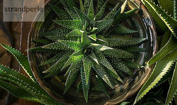 Aloe vera leaves in a pot  closeup view  top view AI generated