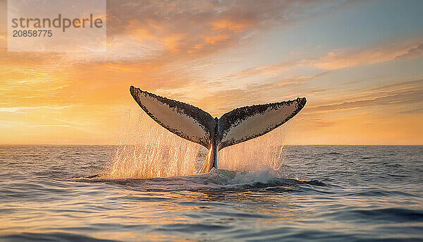 Whale tail seen above the ocean water creating splashes in the sunset light. Beautiful wildlife seascape. Generative Ai  AI generated