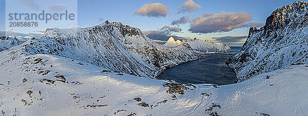 Aerial view of Bergen by the sea  coast  fjord  panorama  morning light  winter  snow  Senja  Troms  Norway  Europe