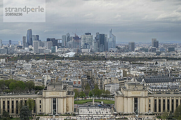 View from the Eiffel Tower to the skyscrapers of La Defence  Paris  France  Europe