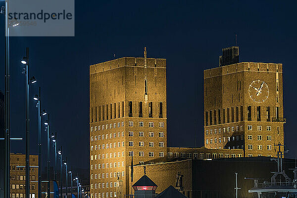 Illuminated Oslo City Hall  Aker Brygge  Oslo  Norway  Europe