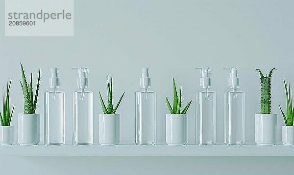 A row of blank bottle mockups with nature cosmetic AI generated