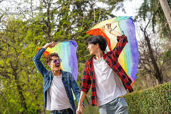 Happy multi-ethnic gay young men raising lgbt flags in a park