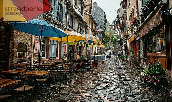 Rain-soaked cobblestone streets winding through a historic European town AI generated