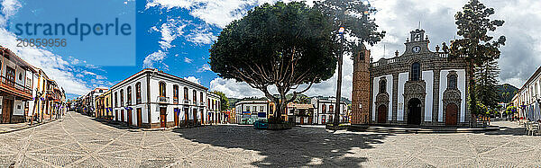 Panoramic of the beautiful streets in the square next to the Basilica of Nuestra Senora del Pino in the municipality of Teror. Gran Canaria  Spain  Europe