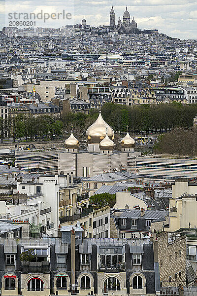 View from the Eiffel Tower to the Russian Orthodox Cathedral and Sacré-Cœur de Montmartre  Paris  Île-de-France  France  Europe