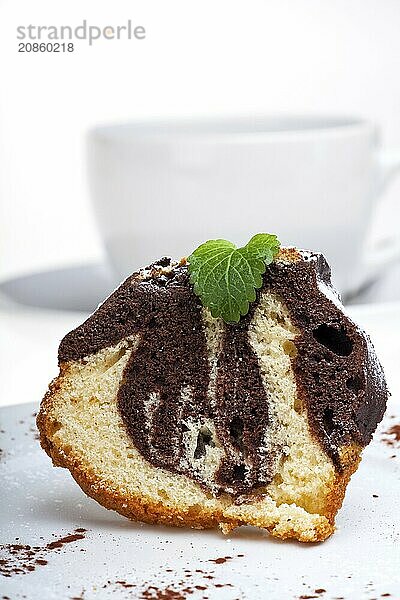 Marble cake with icing sugar on a plate on a white background