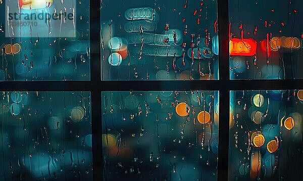 A rain-soaked windowpane with blurred city lights in the background AI generated