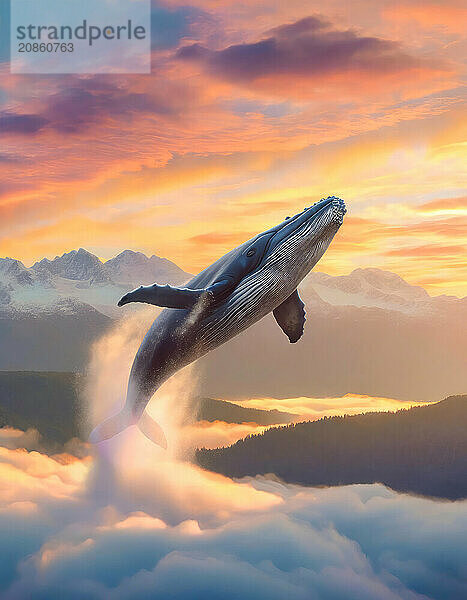 Whale flying above the clouds with a view to the sunset behind the mountain peaks. Generative Ai  AI generated