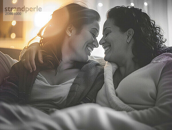 Two women in a warm  affectionate embrace  smiling at each other in a cozy  indoor setting  LGTB  homosexual  lesbian  AI generated