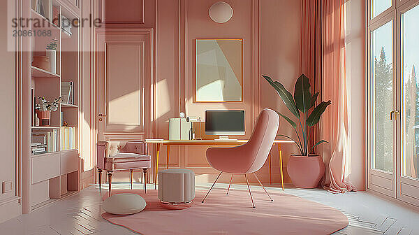 Cozy modern home office with pink hues and neat setup  bathed in natural light  3D illustration  interior  architecture  AI generated