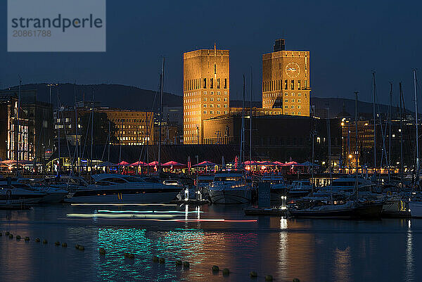 Illuminated Oslo City Hall  Tjuvholmen  Aker Brygge  Frogner  Oslo  Norway  Europe