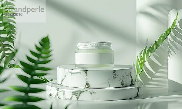 Aloe vera gel product promotion featuring a blank jar mockup showcased on a marble produce podium AI generated