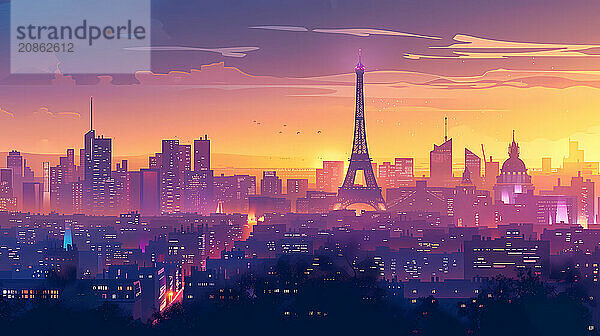 Stylized Paris cityscape with the Eiffel Tower silhouetted against a warm sunrise  illustration  AI generated