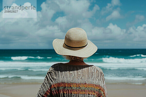 Back view of senior woman at beach. KI generiert  generiert  AI generated