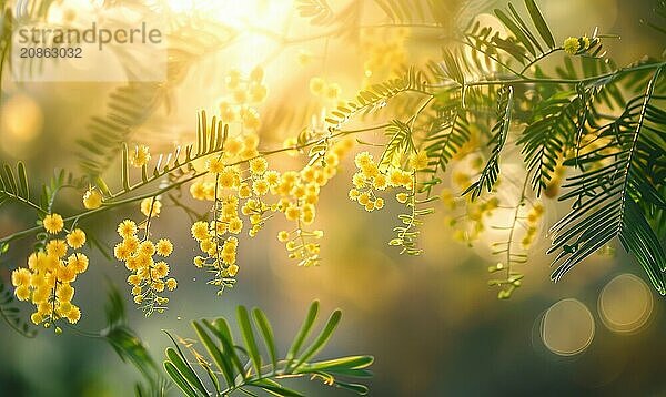 Closeup view of yellow mimosa flower branch with bokeh background AI generated