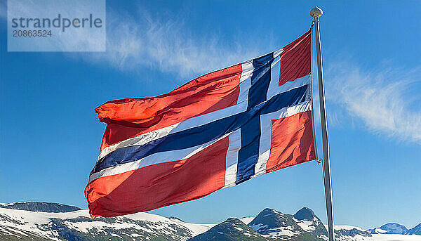 The flag of Norway flutters in the wind  isolated against a blue sky