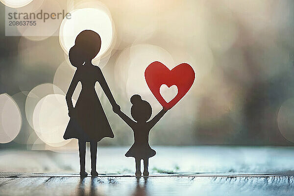 Silhouettes of mother and child with a heart and bokeh lights in the background  creates emotional depth  mothers