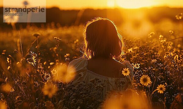 Portrait of young woman in the field in sunset light AI generated